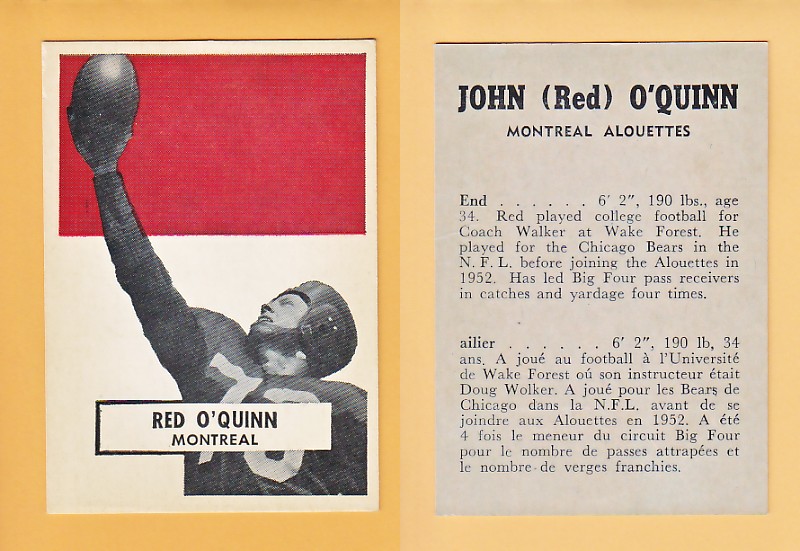 1959 CFL WHEATIES FOOTBALL CARD RED O'QUINN photo 1959 CFL WHEATIES FOOTBALL CARD RED O'QUINN photo