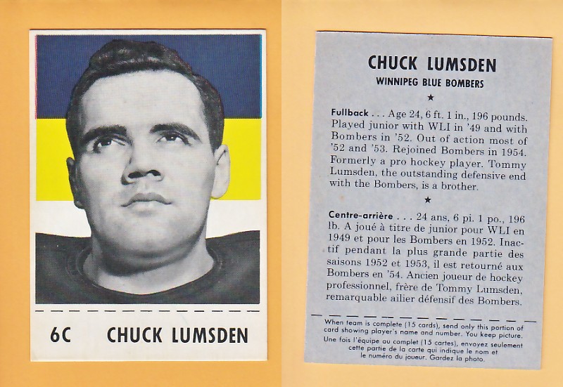 1956 CFL SHREDDED WHEAT FOOTBALL CARD CHUCK LUMSDEN photo 1956 CFL SHREDDED WHEAT FOOTBALL CARD CHUCK LUMSDEN photo