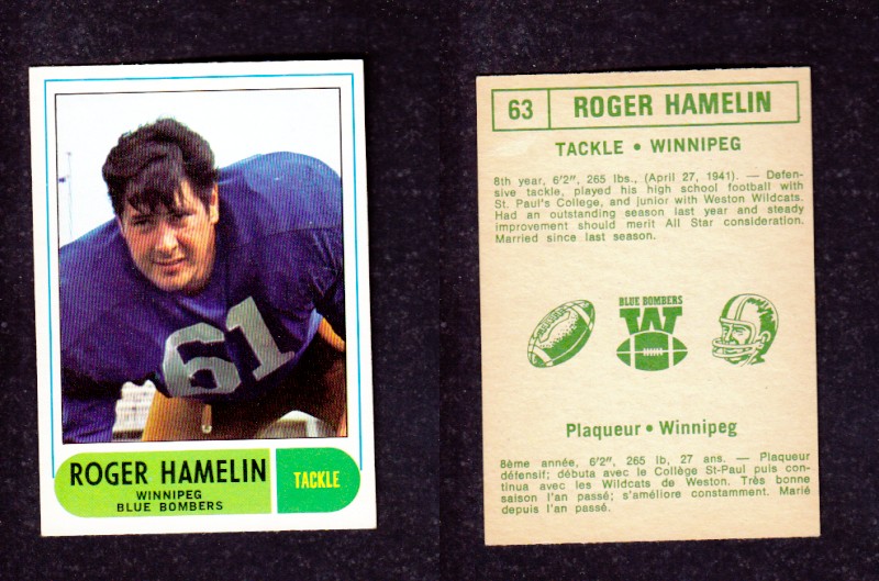 1968 CFL O-PEE-CHEE FOOTBALL CARD #63 R. HAMELIN photo 1968 CFL O-PEE-CHEE FOOTBALL CARD #63 R. HAMELIN photo
