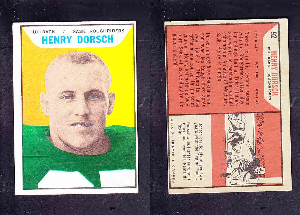 1965 CFL TOPPS FOOTBALL CARD #92 H. DORSCH photo 1965 CFL TOPPS FOOTBALL CARD #92 H. DORSCH photo