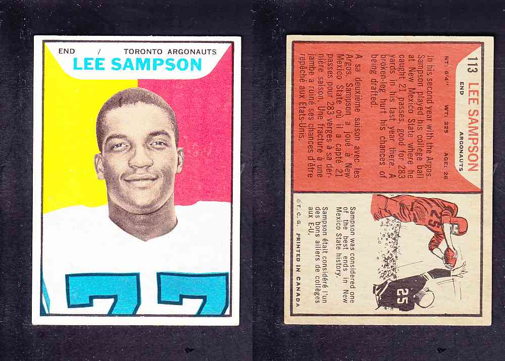 1965 CFL TOPPS FOOTBALL CARD #113 L. SAMPSON photo 1965 CFL TOPPS FOOTBALL CARD #113 L. SAMPSON photo