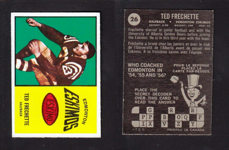 1964 CFL TOPPS FOOTBALL CARD #26 T. FRECHETTE photo 1964 CFL TOPPS FOOTBALL CARD #26 T. FRECHETTE photo