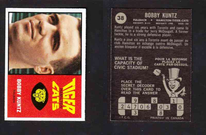 1964 CFL TOPPS FOOTBALL CARD #38 B. KUNTZ photo 1964 CFL TOPPS FOOTBALL CARD #38 B. KUNTZ photo