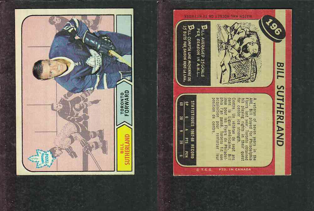 1968-69 O-PEE-CHEE HOCKEY CARD #196 B. SUTHERLAND photo 1968-69 O-PEE-CHEE HOCKEY CARD #196 B. SUTHERLAND photo