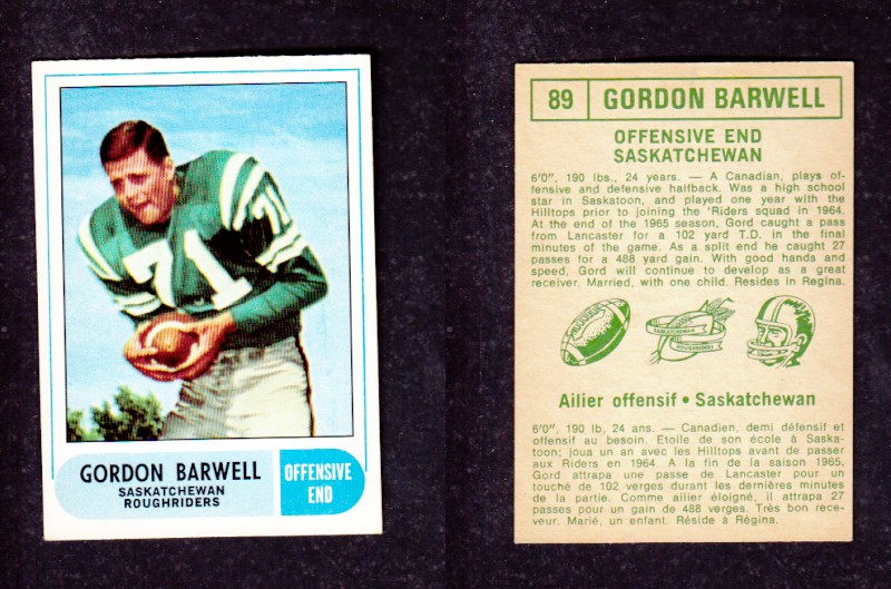 1968 CFL O-PEE-CHEE FOOTBALL CARD #89 G. BARWELL photo