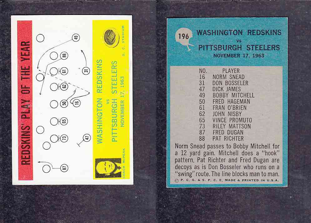 1965 NFL PHILADELPHIA FOOTBALL CARD #196 REDSKINS' PLAY OF THE YEAR photo