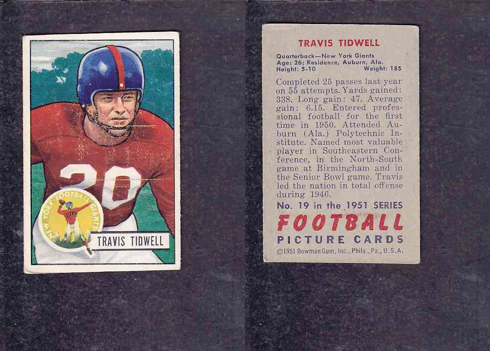 1951 NFL BOWMAN FOOTBALL CARD #19 T. TIDWELL photo 1951 NFL BOWMAN FOOTBALL CARD #19 T. TIDWELL photo