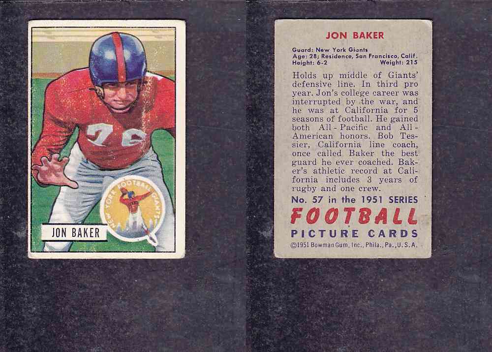 1951 NFL BOWMAN FOOTBALL CARD #57 J. BAKER photo 1951 NFL BOWMAN FOOTBALL CARD #57 J. BAKER photo