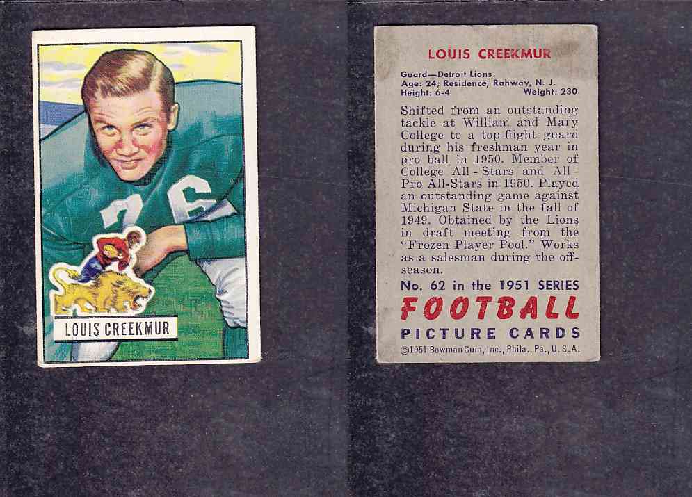1951 NFL BOWMAN FOOTBALL CARD #62 L. CREEKMUR photo 1951 NFL BOWMAN FOOTBALL CARD #62 L. CREEKMUR photo