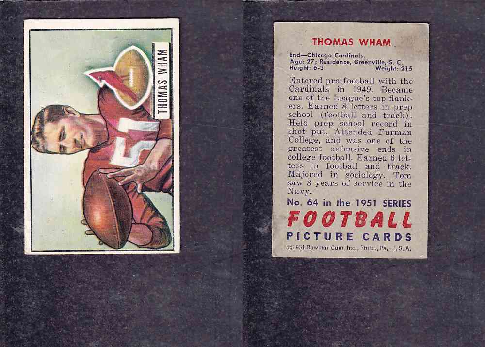 1951 NFL BOWMAN FOOTBALL CARD #64 T. WHAM photo 1951 NFL BOWMAN FOOTBALL CARD #64 T. WHAM photo