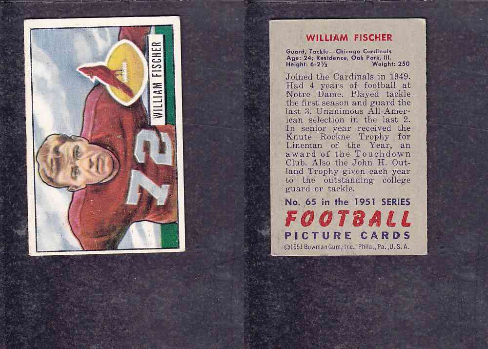 1951 NFL BOWMAN FOOTBALL CARD #65 W. FISCHER photo 1951 NFL BOWMAN FOOTBALL CARD #65 W. FISCHER photo