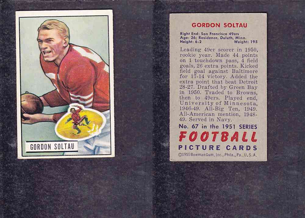 1951 NFL BOWMAN FOOTBALL CARD #67 G. SOLTAU photo 1951 NFL BOWMAN FOOTBALL CARD #67 G. SOLTAU photo