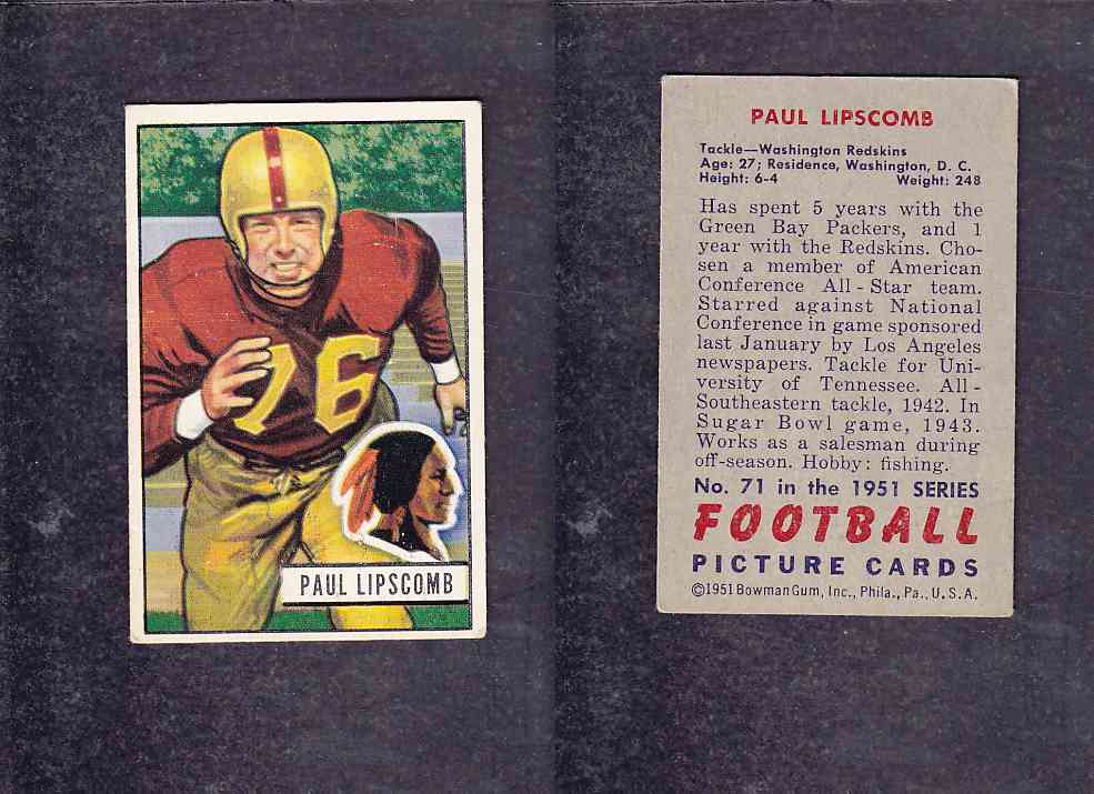 1951 NFL BOWMAN FOOTBALL CARD #71 P. LIPSCOMB photo 1951 NFL BOWMAN FOOTBALL CARD #71 P. LIPSCOMB photo