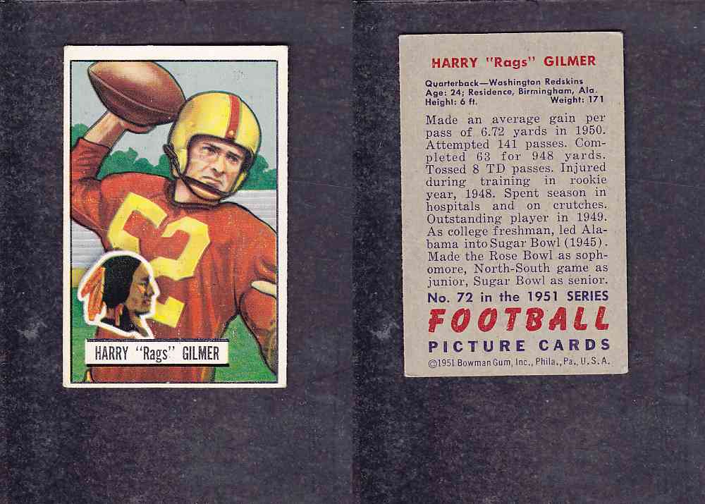 1951 NFL BOWMAN FOOTBALL CARD #72 H. GILMER photo 1951 NFL BOWMAN FOOTBALL CARD #72 H. GILMER photo
