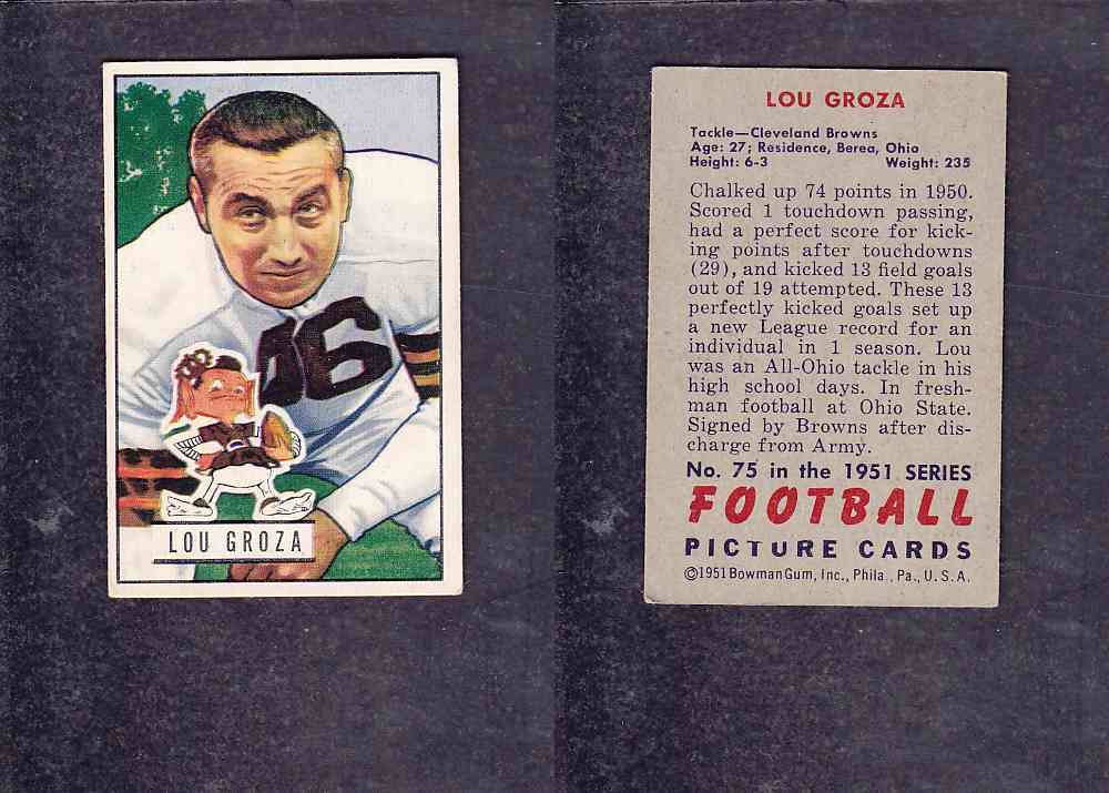 1951 NFL BOWMAN FOOTBALL CARD #75 L. GROZA photo 1951 NFL BOWMAN FOOTBALL CARD #75 L. GROZA photo