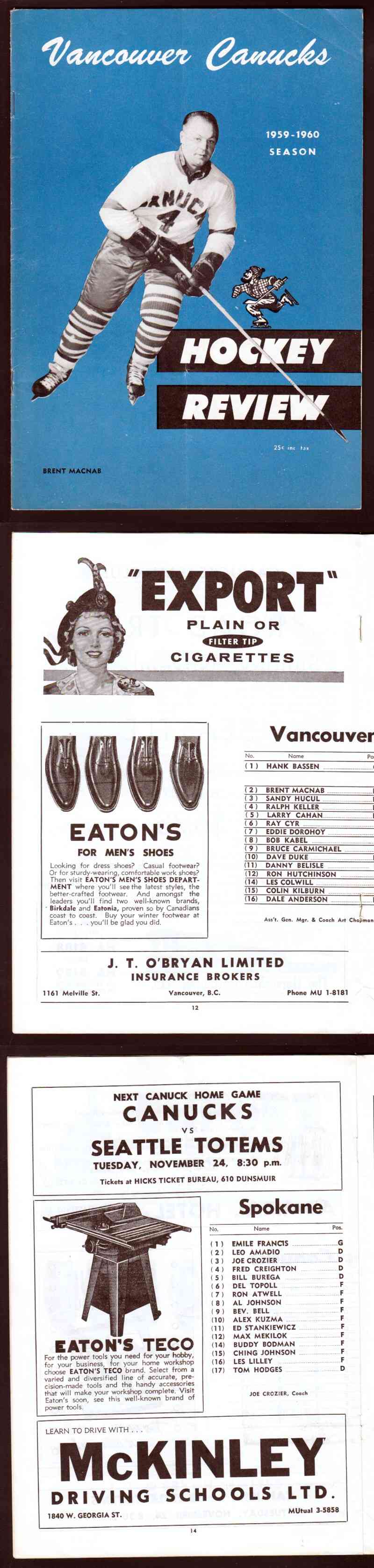 1959-60 VANCOUVER CANUCKS VS SPOKANE COMETS PROGRAM photo 1959-60 VANCOUVER CANUCKS VS SPOKANE COMETS PROGRAM photo