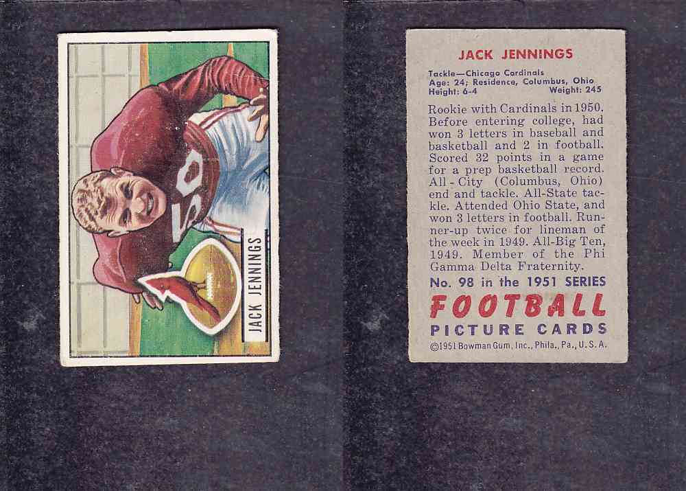 1951 NFL BOWMAN FOOTBALL CARD #98 J. JENNINGS photo 1951 NFL BOWMAN FOOTBALL CARD #98 J. JENNINGS photo