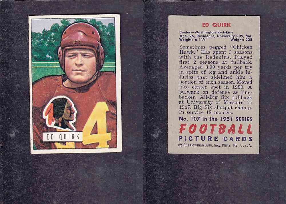 1951 NFL BOWMAN FOOTBALL CARD #107 E. QUIRK photo 1951 NFL BOWMAN FOOTBALL CARD #107 E. QUIRK photo