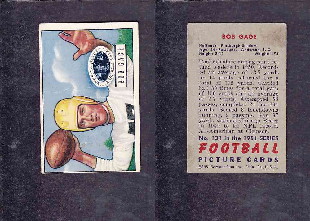 1951 NFL BOWMAN FOOTBALL CARD #131 B. GAGE photo 1951 NFL BOWMAN FOOTBALL CARD #131 B. GAGE photo