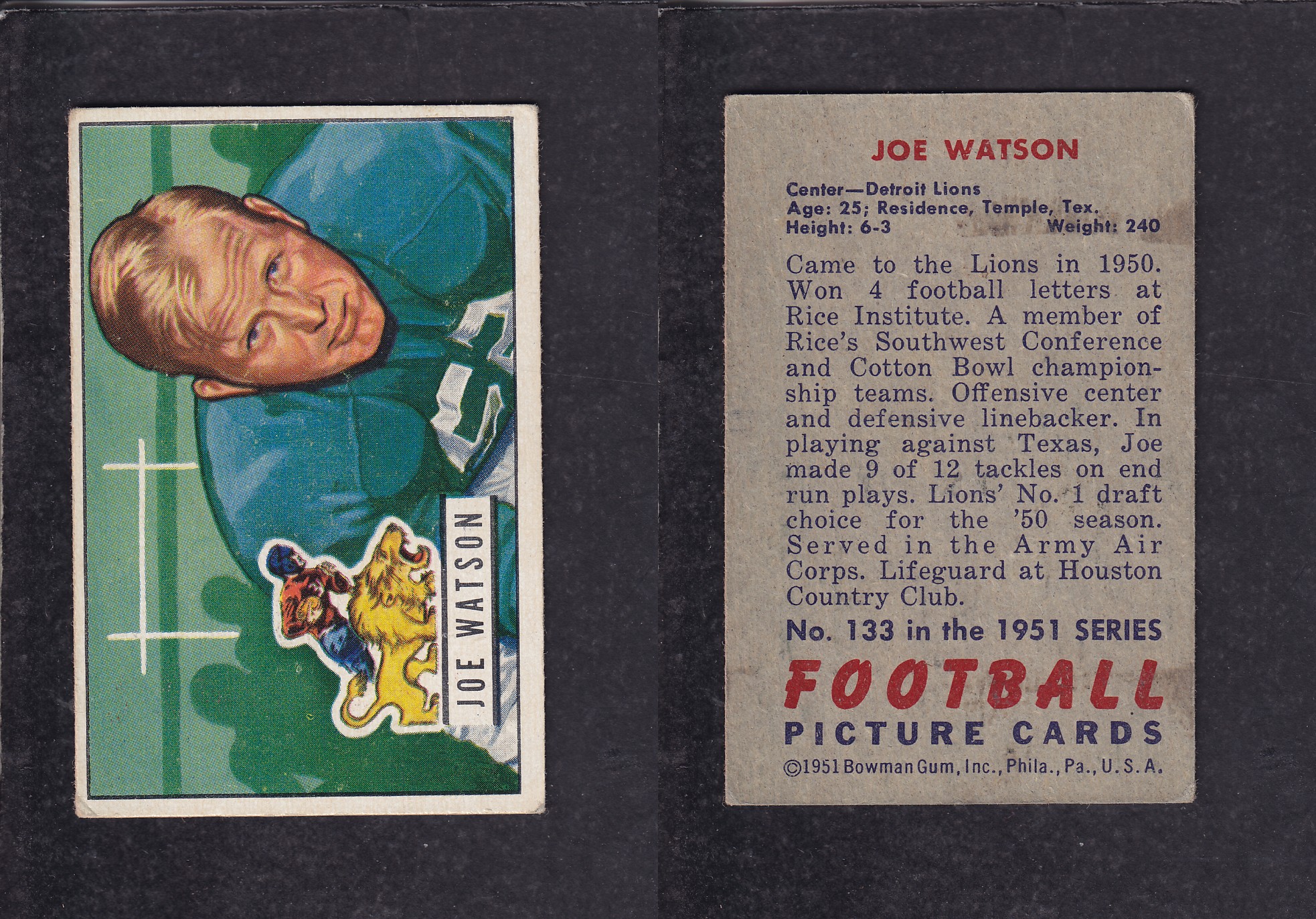 1951 NFL BOWMAN FOOTBALL CARD #133 J. WATSON photo 1951 NFL BOWMAN FOOTBALL CARD #133 J. WATSON photo