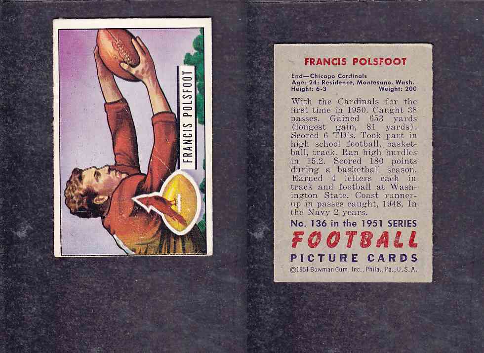 1951 NFL BOWMAN FOOTBALL CARD #136 F. POLSFOOT photo 1951 NFL BOWMAN FOOTBALL CARD #136 F. POLSFOOT photo