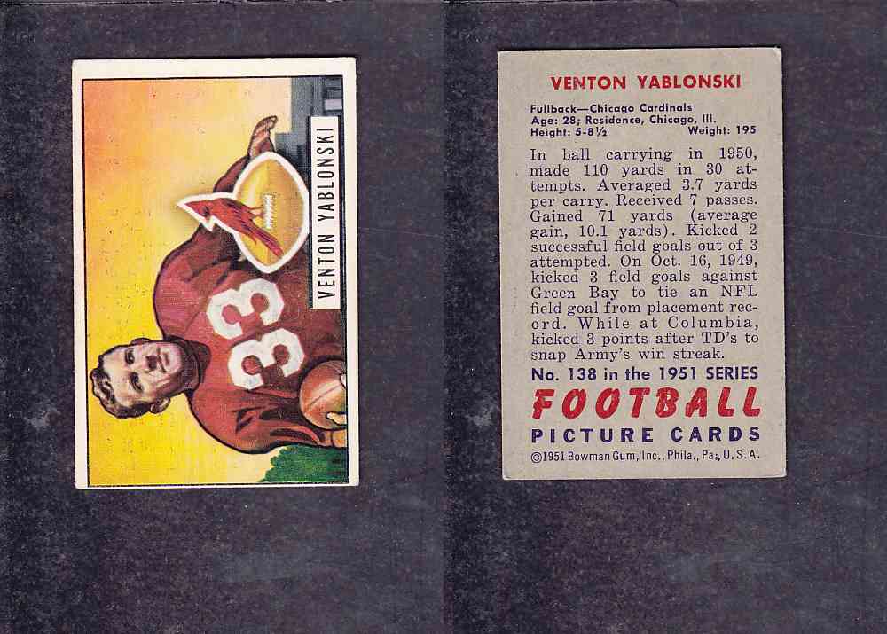 1951 NFL BOWMAN FOOTBALL CARD #138 V. YABLONSKI photo 1951 NFL BOWMAN FOOTBALL CARD #138 V. YABLONSKI photo