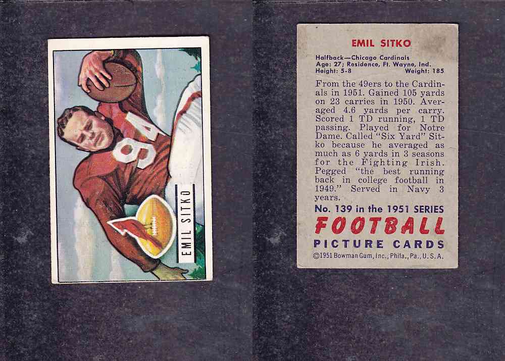 1951 NFL BOWMAN FOOTBALL CARD #139 E. SITKO photo 1951 NFL BOWMAN FOOTBALL CARD #139 E. SITKO photo