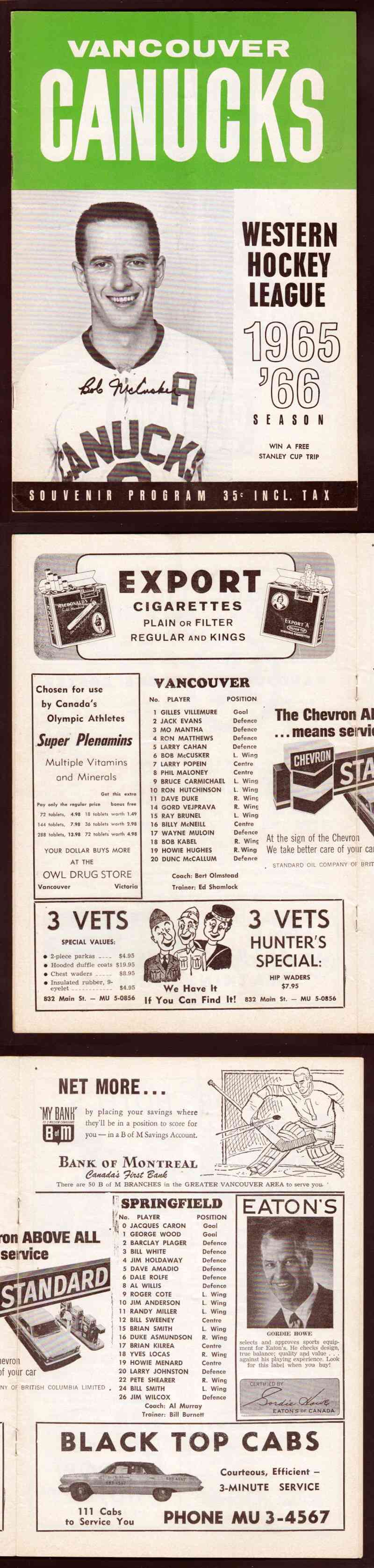 1965-66 VANCOUVER CANUCKS VS SPRINGFIELD INDIANS PROGRAM photo 1965-66 VANCOUVER CANUCKS VS SPRINGFIELD INDIANS PROGRAM photo