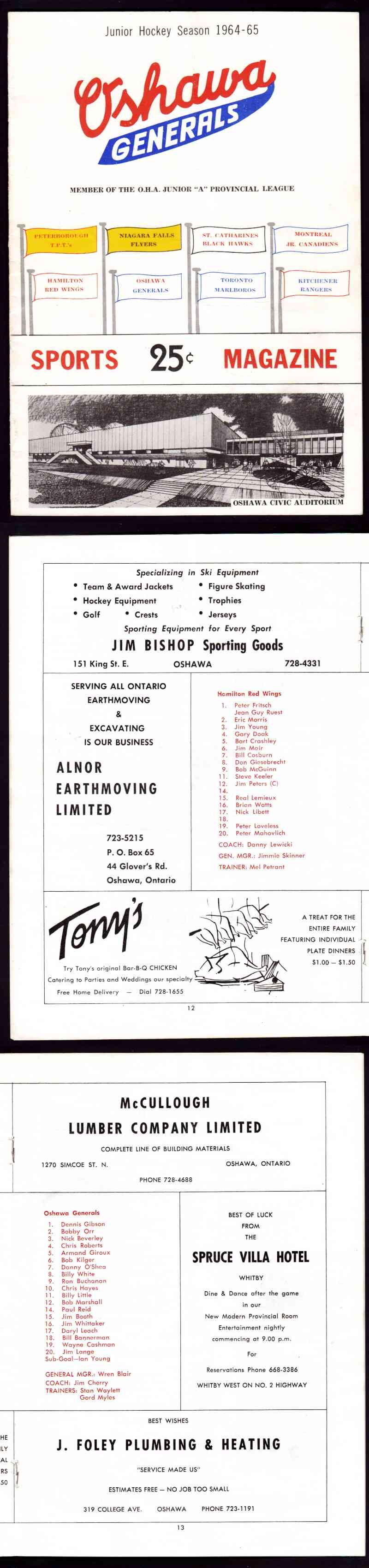 1964-65 OSHAWA GENERALS VS HAMILTON RED WINGS PROGRAM INC B.ORR photo 1964-65 OSHAWA GENERALS VS HAMILTON RED WINGS PROGRAM INC B.ORR photo