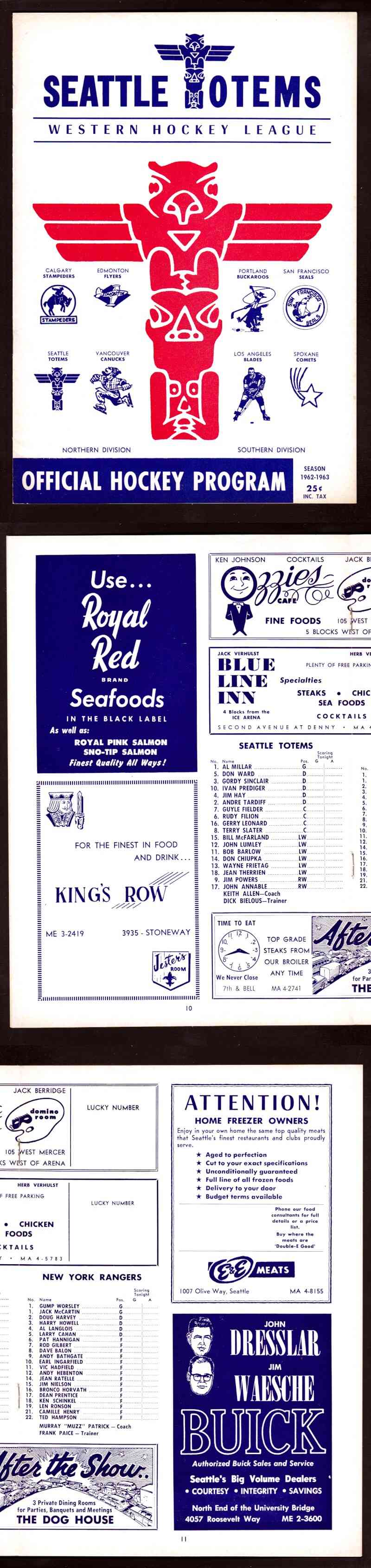 1962 SEATTLE TOTEMS VS NY RANGERS PROGRAM photo 1962 SEATTLE TOTEMS VS NY RANGERS PROGRAM photo
