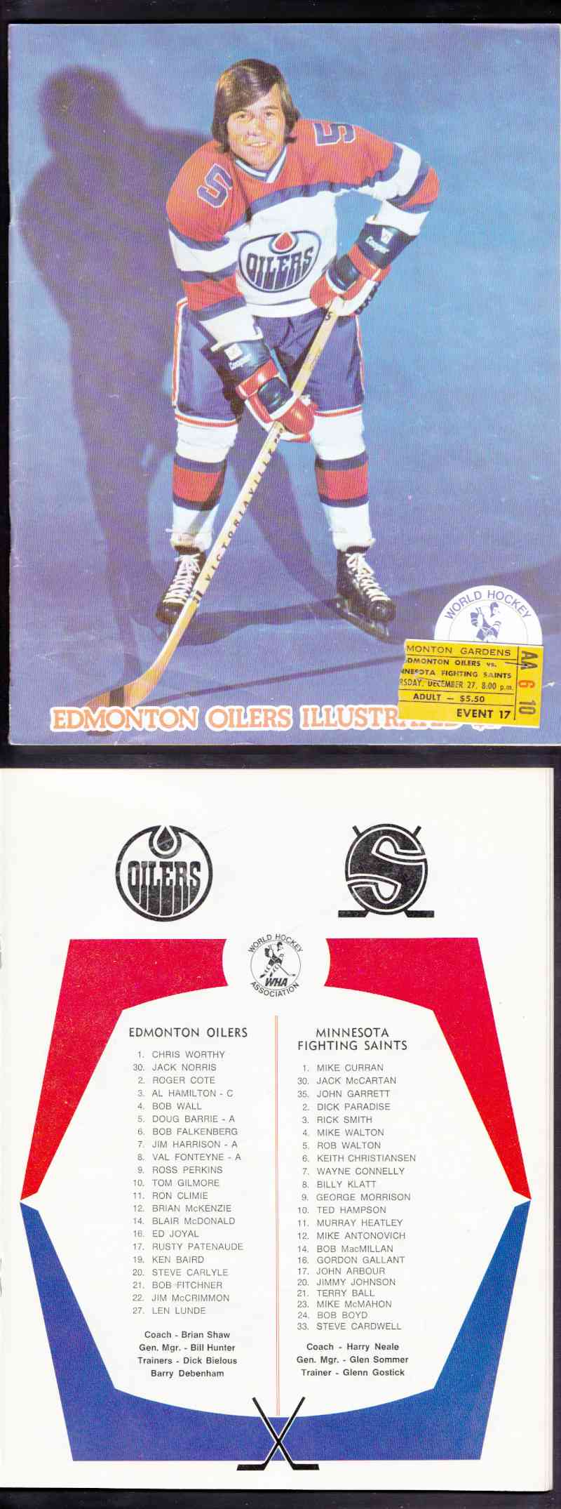 1973 WHA EDMONTON OILERS VS MINNESOTA SAINTS PROGRAM &TICKET STUB photo 1973 WHA EDMONTON OILERS VS MINNESOTA SAINTS PROGRAM &TICKET STUB photo