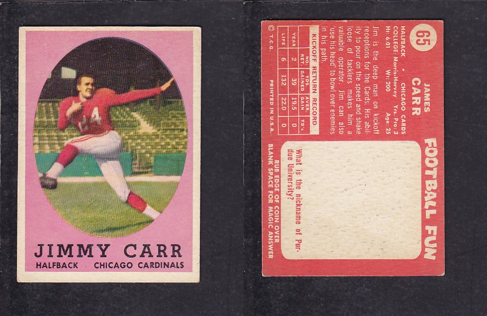 1958 NFL TOPPS FOOTBALL CARD #65 J. CARR photo 1958 NFL TOPPS FOOTBALL CARD #65 J. CARR photo