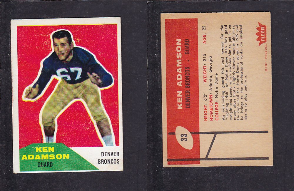 1960 NFL FLEER FOOTBALL CARD #33 K. ADAMSON photo 1960 NFL FLEER FOOTBALL CARD #33 K. ADAMSON photo