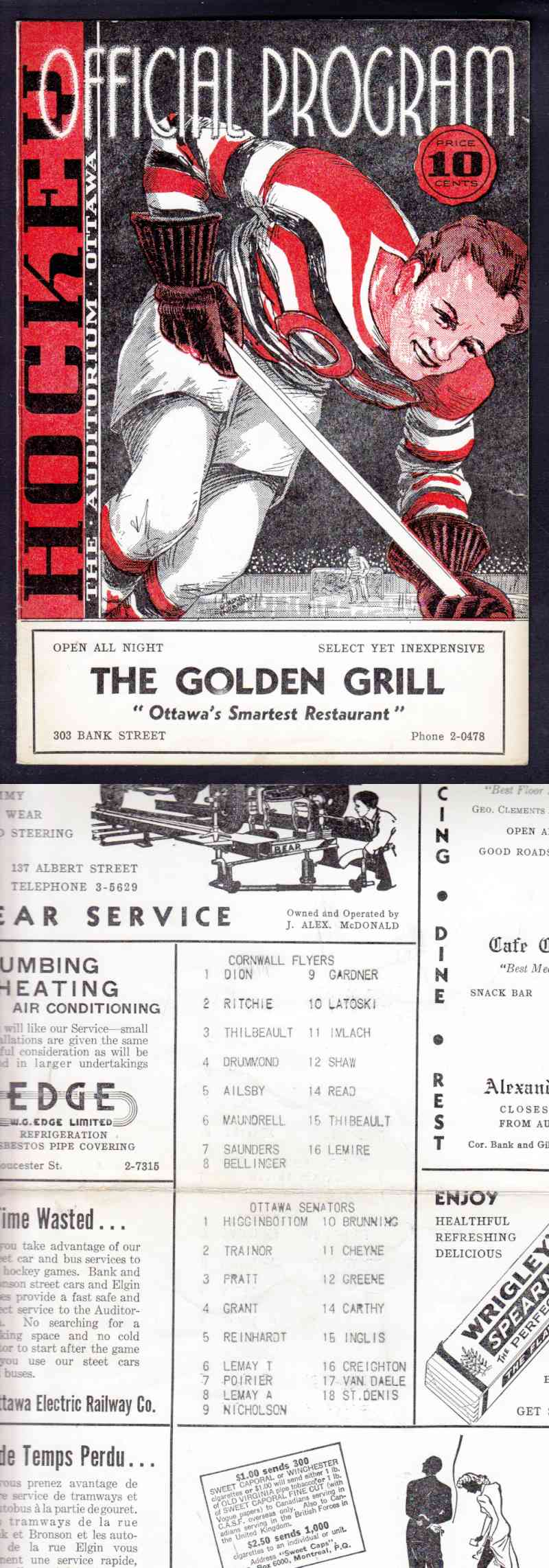 1940'S OTTAWA SENATOR'S VS CORNWALL FLYERS PROGRAM photo 1940'S OTTAWA SENATOR'S VS CORNWALL FLYERS PROGRAM photo