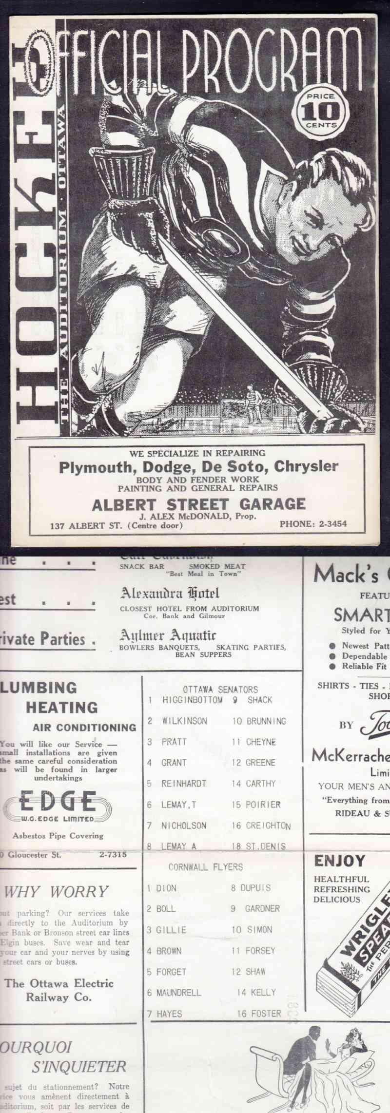 1940'S OTTAWA SENATOR'S VS CORNWALL FLYERS PROGRAM photo 1940'S OTTAWA SENATOR'S VS CORNWALL FLYERS PROGRAM photo