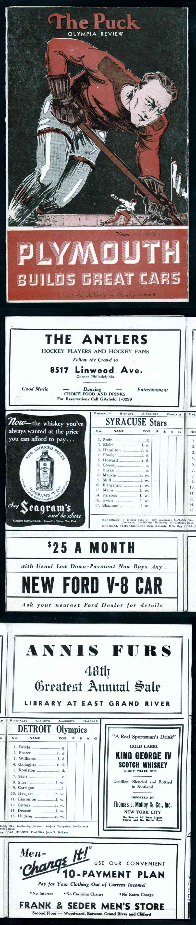 1936 DETROIT OLYMPICS VS SYRACUSE STAR PROGRAM photo 1936 DETROIT OLYMPICS VS SYRACUSE STAR PROGRAM photo