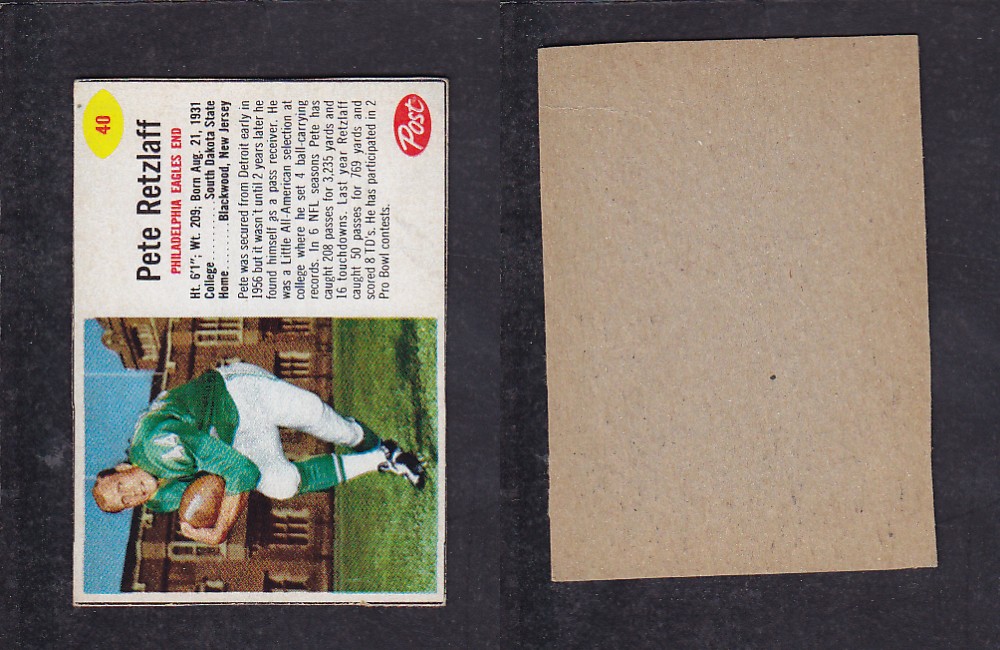 1962 NFL POST FOOTBALL CARD #40 P. RETZLAFF photo