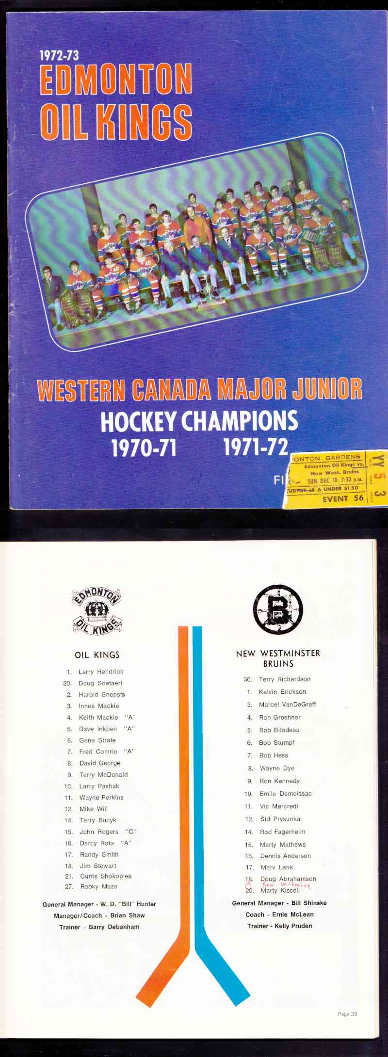 1972-73 EDMONTON OIL KING VS NEW WESTMINSTER BRUINS PROGRAM & TICKET STUB photo 1972-73 EDMONTON OIL KING VS NEW WESTMINSTER BRUINS PROGRAM & TICKET STUB photo