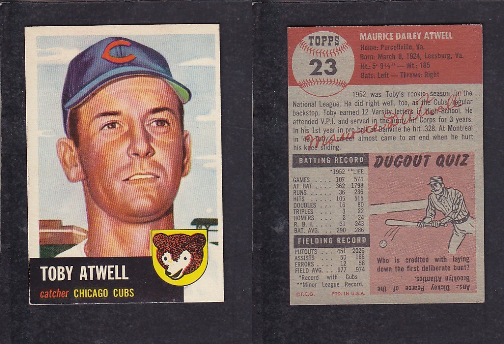 1953 TOPPS BASEBALL CARD #23 M. ATWELL photo 1953 TOPPS BASEBALL CARD #23 M. ATWELL photo