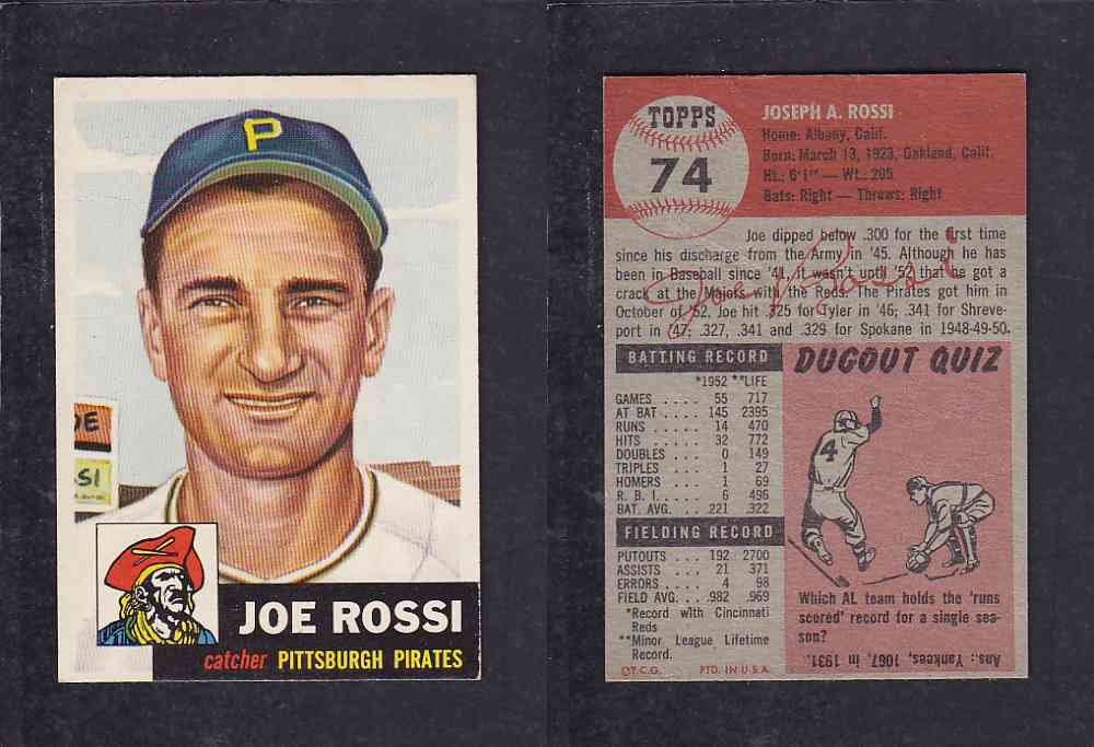 1953 TOPPS BASEBALL CARD #74 J. ROSSI photo 1953 TOPPS BASEBALL CARD #74 J. ROSSI photo