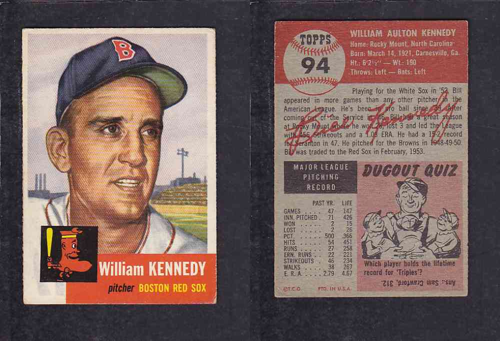 1953 TOPPS BASEBALL CARD #94 W. KENNEDY photo 1953 TOPPS BASEBALL CARD #94 W. KENNEDY photo