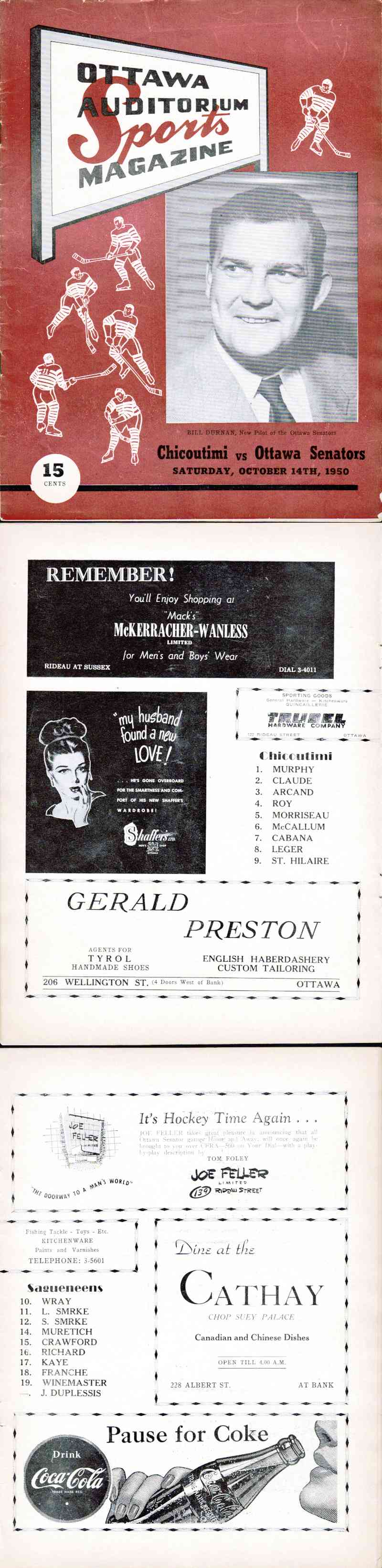 1950 OTTAWA SENATORS VS CHICOUTIMI SAGUENEENS PROGRAM photo 1950 OTTAWA SENATORS VS CHICOUTIMI SAGUENEENS PROGRAM photo