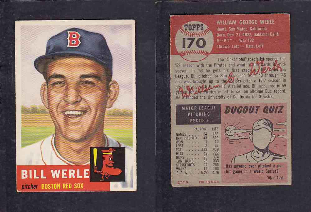 1953 TOPPS BASEBALL CARD #170 W. WERLE photo 1953 TOPPS BASEBALL CARD #170 W. WERLE photo