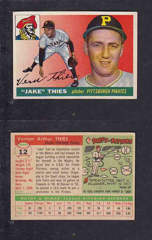 1955 TOPPS BASEBALL CARD #12 V. THIES photo 1955 TOPPS BASEBALL CARD #12 V. THIES photo