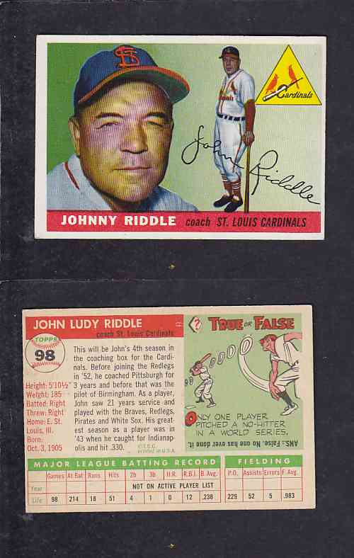 1955 TOPPS BASEBALL CARD #98 J. RIDDLE photo 1955 TOPPS BASEBALL CARD #98 J. RIDDLE photo