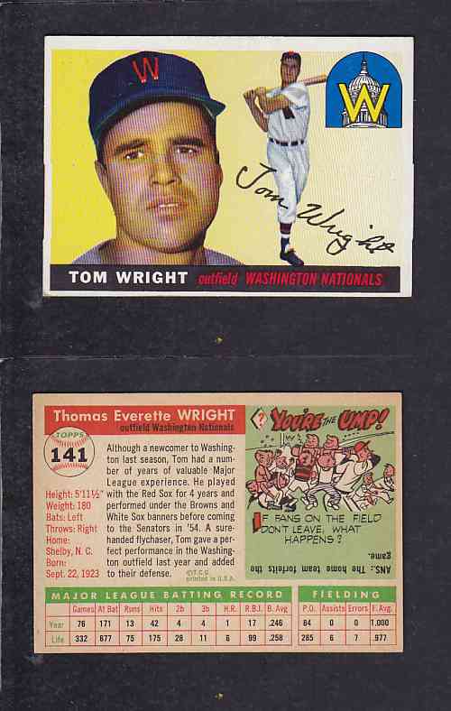 1955 TOPPS BASEBALL CARD #141 T. WRIGHT photo 1955 TOPPS BASEBALL CARD #141 T. WRIGHT photo