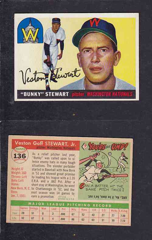 1955 TOPPS BASEBALL CARD #136 V. STEWART photo 1955 TOPPS BASEBALL CARD #136 V. STEWART photo