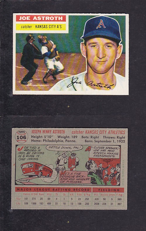 1956 TOPPS BASEBALL CARD #106 J. ASTROTH photo 1956 TOPPS BASEBALL CARD #106 J. ASTROTH photo