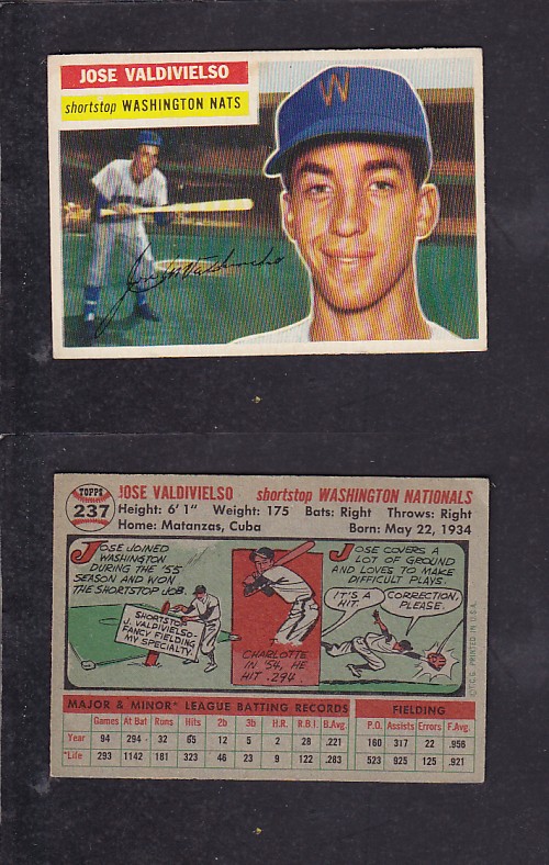 1956 TOPPS BASEBALL CARD #237 J. VALDIVIELSO photo 1956 TOPPS BASEBALL CARD #237 J. VALDIVIELSO photo