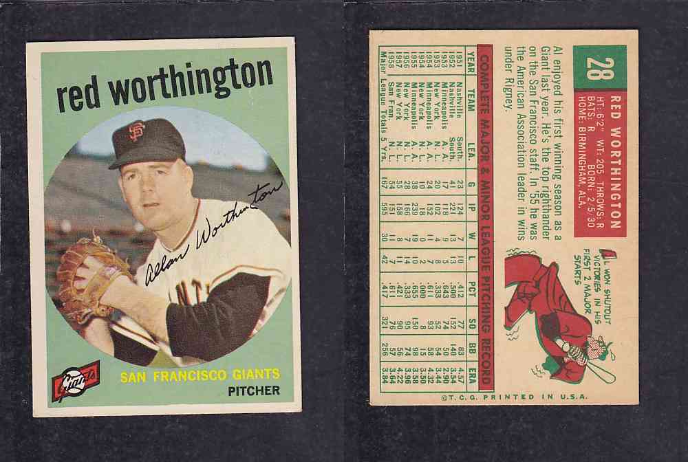1959 TOPPS BASEBALL CARD #28 R. WORTHINGTON photo 1959 TOPPS BASEBALL CARD #28 R. WORTHINGTON photo